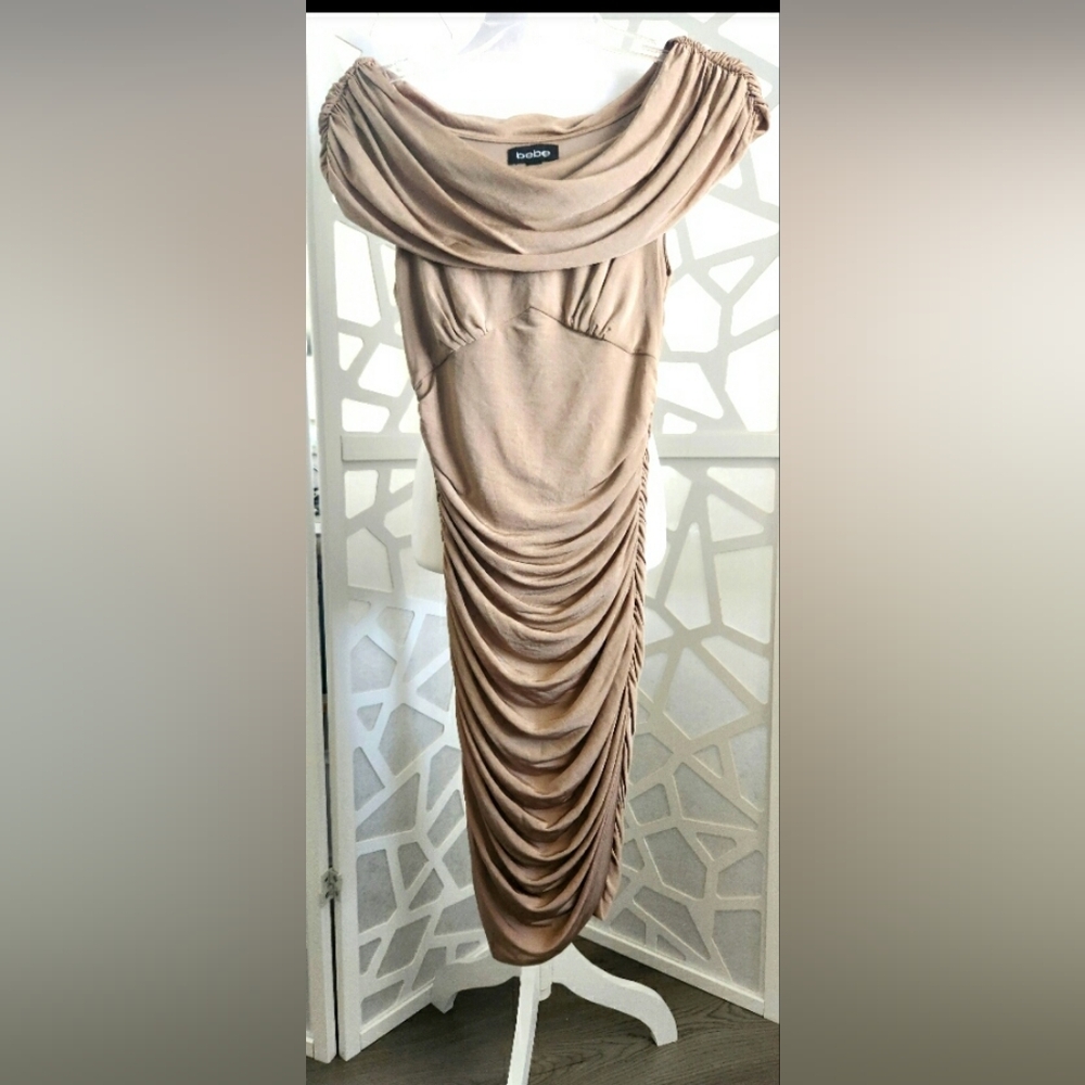 Women's Bebe Champagne/Beige cowl neck ruched dress